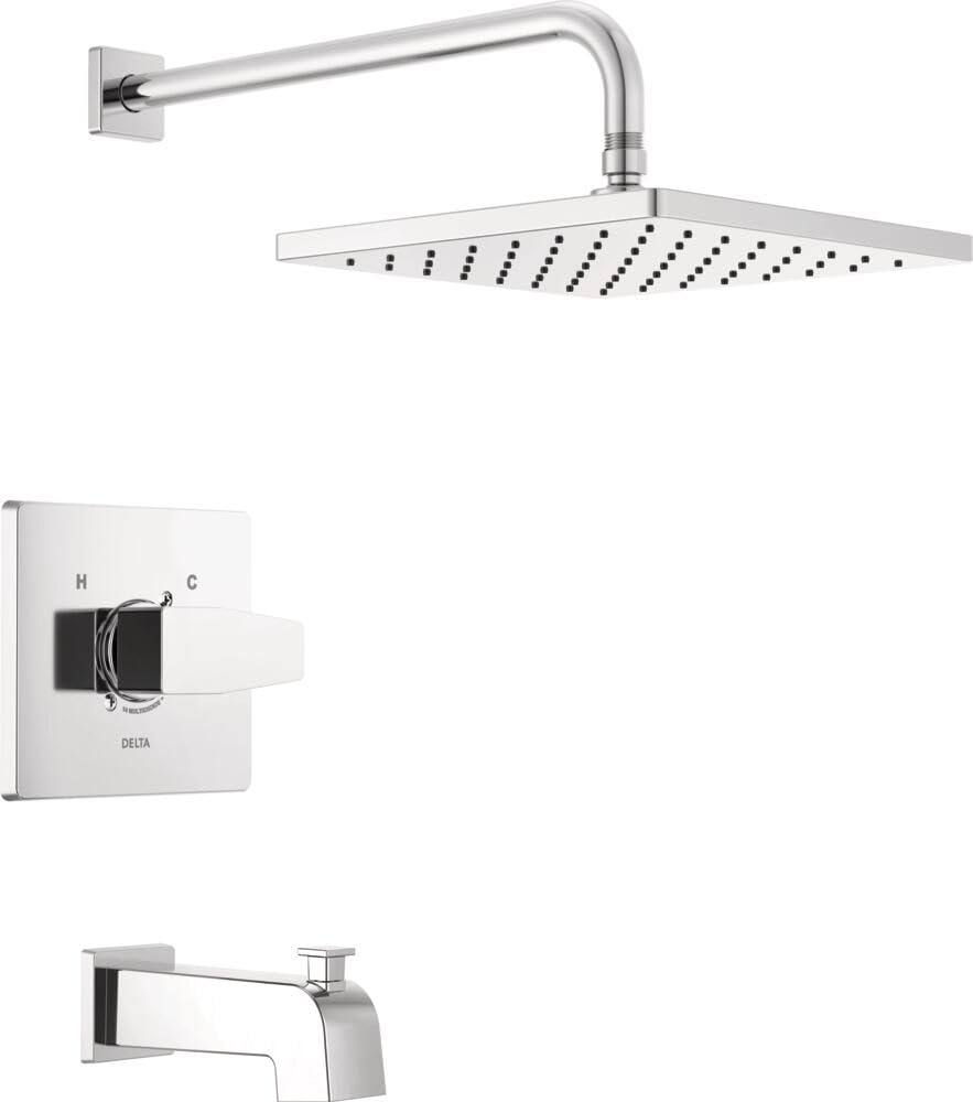 Chrome tub and shower trim with square showerhead, wall-mounted valve, and tub spout.