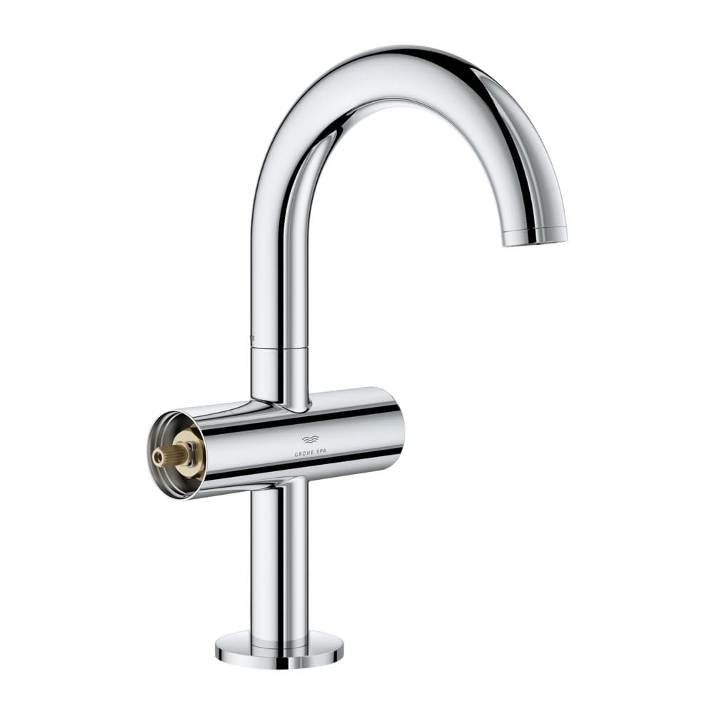 Chrome bathroom faucet with curved spout and single cylindrical handle on round base.