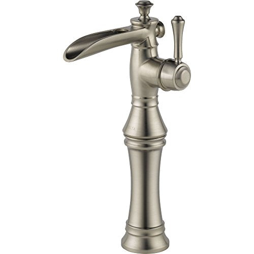 Brushed nickel single-handle bathroom faucet with curved spout and tall tapered base.
