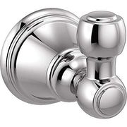 Chrome robe hook with dual rounded knobs mounted on circular escutcheon plate.