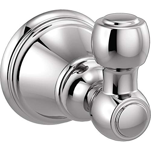 Chrome robe hook with dual rounded knobs mounted on circular escutcheon plate.