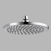 Chrome round raincan shower head with linear spray nozzles and vertical mounting arm.