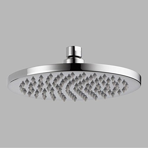 Chrome round raincan shower head with linear spray nozzles and vertical mounting arm.