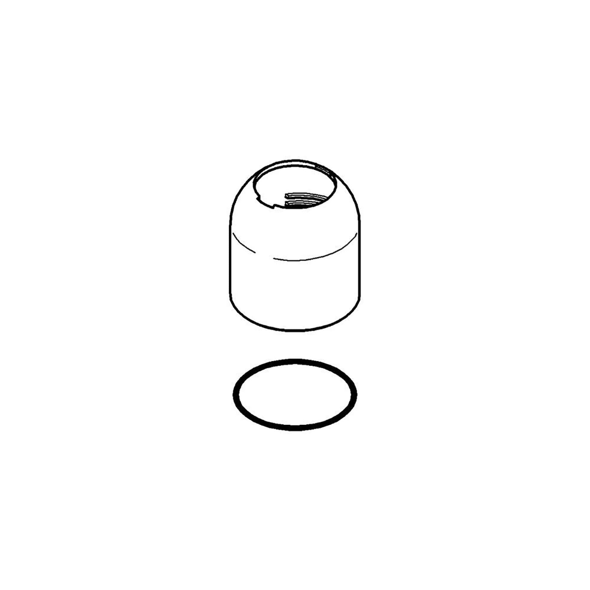 Grohe brushed nickel cylindrical cap with top opening and separate oval gasket ring.