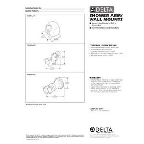 Delta polished brass adjustable shower arm mount with installation diagrams and specifications shown.