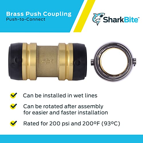 Brass push-to-connect coupling fitting with black grip rings and metal collar ring displayed separately.
