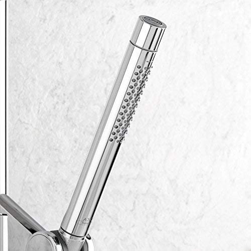 Chrome handheld showerhead with cylindrical body and perforated jet section against marble tile background.