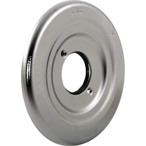 Stainless steel circular escutcheon plate with central oval opening and concentric grooved rings.