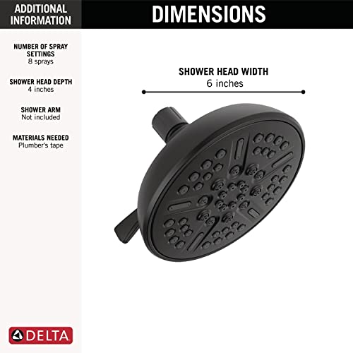 Matte black round shower head with multiple spray jets, 6 inches wide.