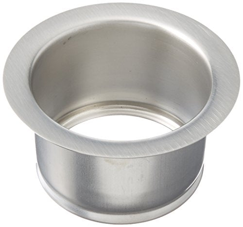 Stainless steel disposal flange with brushed finish and angled rim for kitchen sink installation.