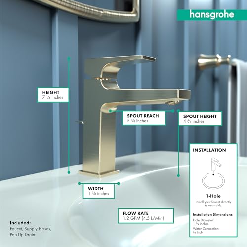 Brushed bronze single-hole bathroom faucet with lever handle, angular spout, and pop-up drain shown with dimension specificat