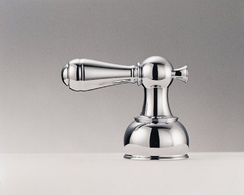 Chrome metal lever handle set with two elongated handles and decorative bell-shaped base.