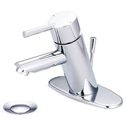 Chrome single-hole bathroom faucet with lever handle, spout, and circular deck cover plate.