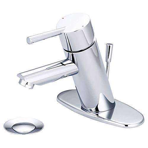 Chrome single-hole bathroom faucet with lever handle, spout, and circular deck cover plate.