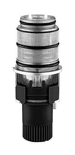 Grohe Turbostat thermostatic cartridge with chrome housing and mesh filter layers stacked vertically.