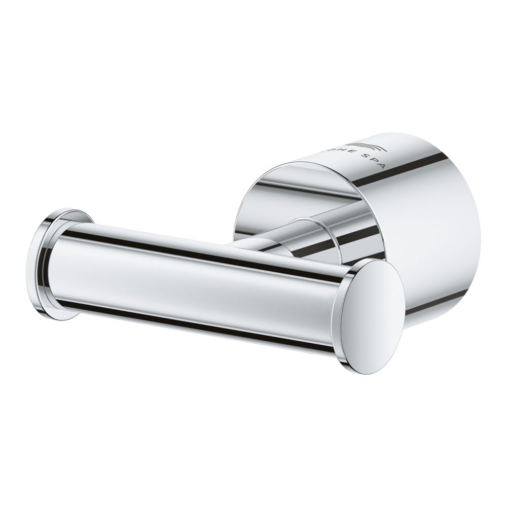 Grohe Atrio brushed nickel towel hook with cylindrical hook and round wall mount.