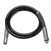 Black grease gun hose coiled with metal HP couplers at both ends.