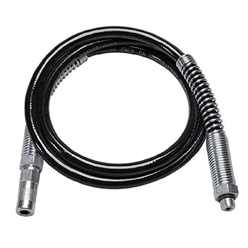 Black grease gun hose coiled with metal HP couplers at both ends.