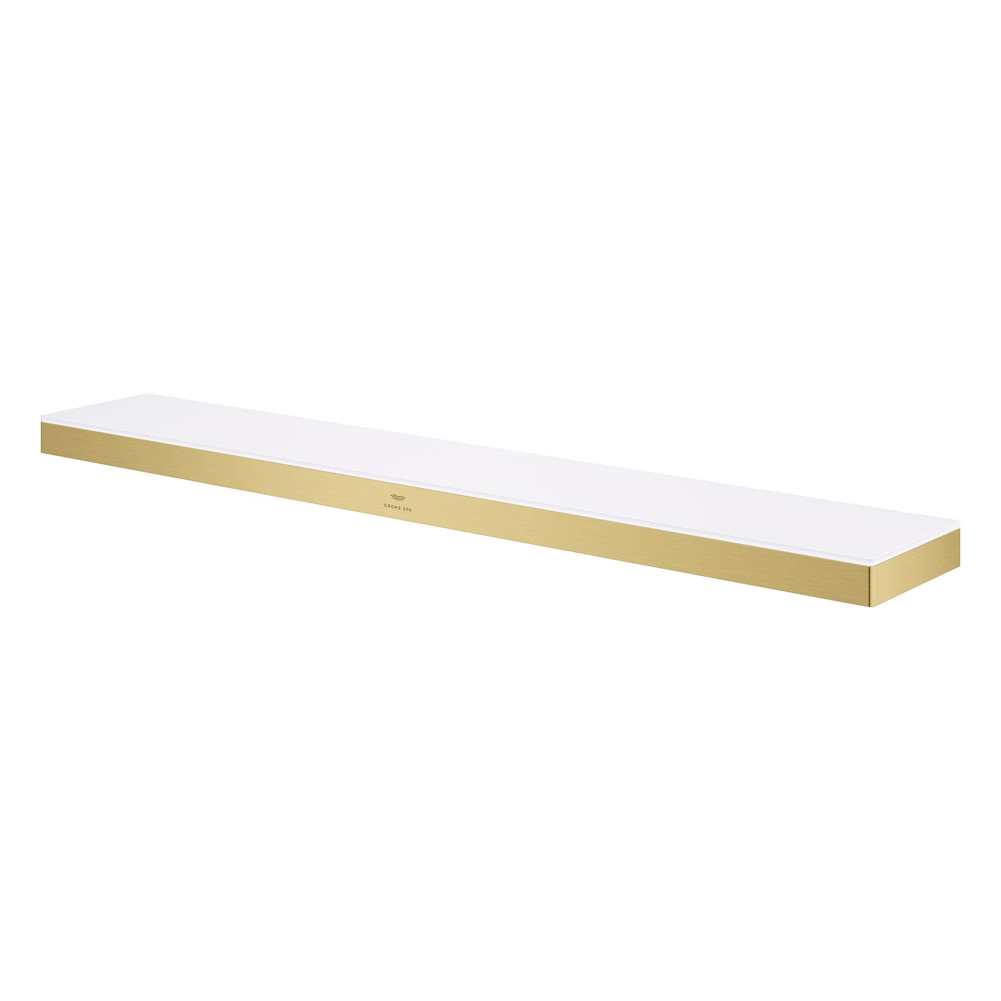 Grohe Allure brushed nickel shelf with white top surface, rectangular profile mounted horizontally.