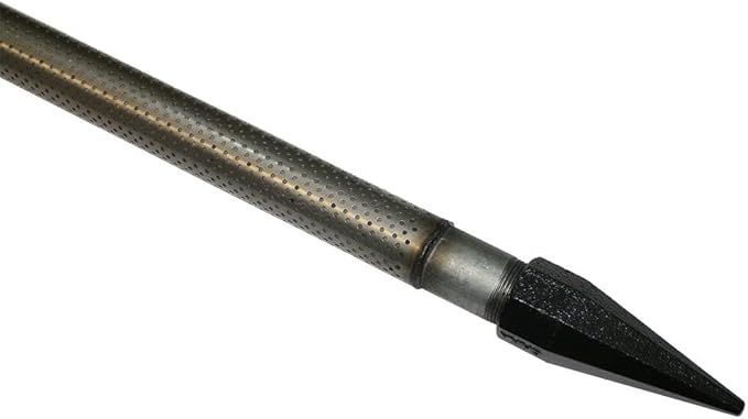 Stainless steel drive point with perforated shaft, metal collar, and black conical tip.