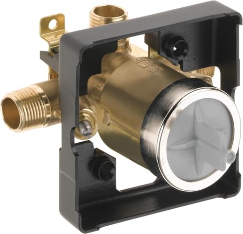 Brass pressure balance valve with black housing, threaded inlet, and white diverter control knob.