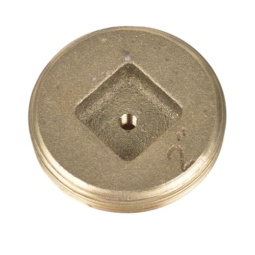 Brass circular cleanout plug with recessed diamond-shaped head and center hole.
