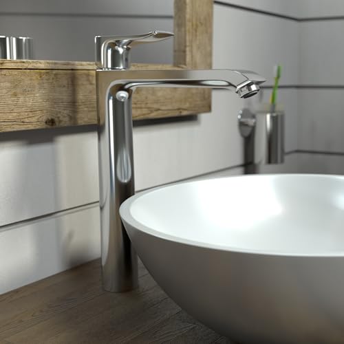 Chrome single-hole bathroom faucet with tall spout and lever handle above white vessel sink.