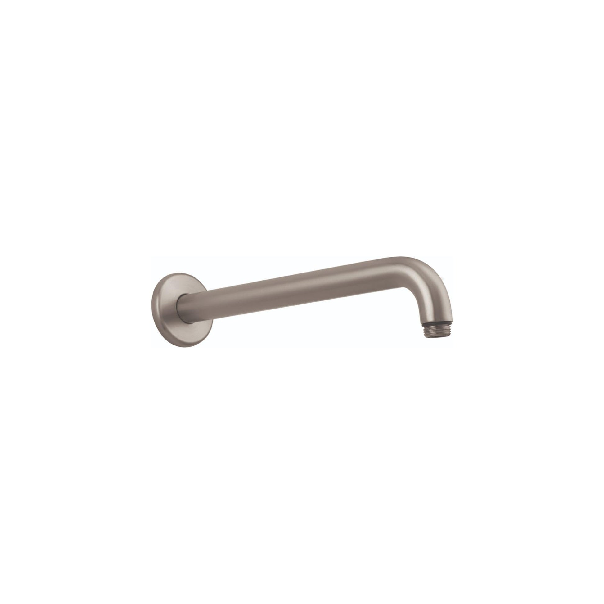 Brushed nickel shower arm with wall-mounted circular flange and angled outlet for overhead showerhead connection.