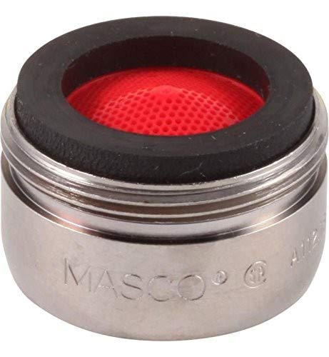 Stainless steel faucet aerator with black rubber rim and red mesh screen insert.