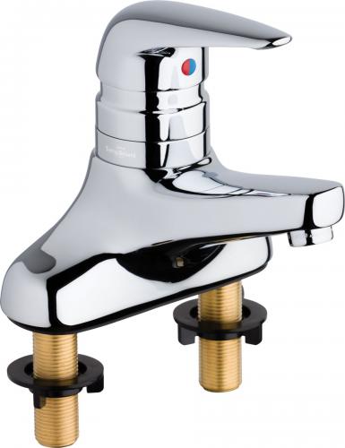 Chrome deck-mounted single lever faucet with curved spout and brass inlet shanks.