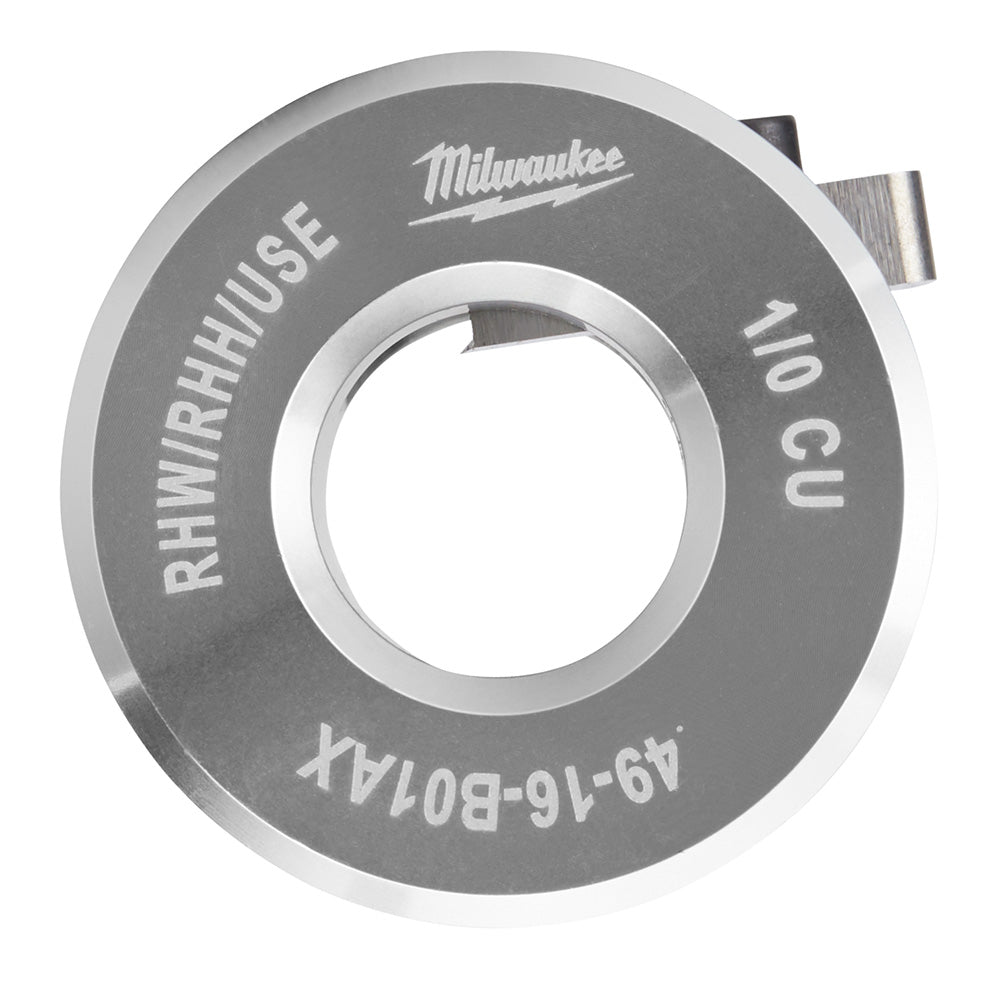 Gray metal bushing ring with central hole, Milwaukee branding, and "1/0 CU RHH/RHW/USE" text stamped on face.