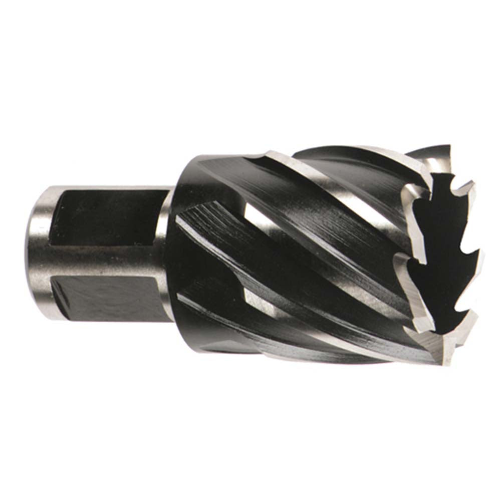 Milwaukee HSS annular cutter with 1-5/16 inch diameter and fluted cutting head on cylindrical shank.