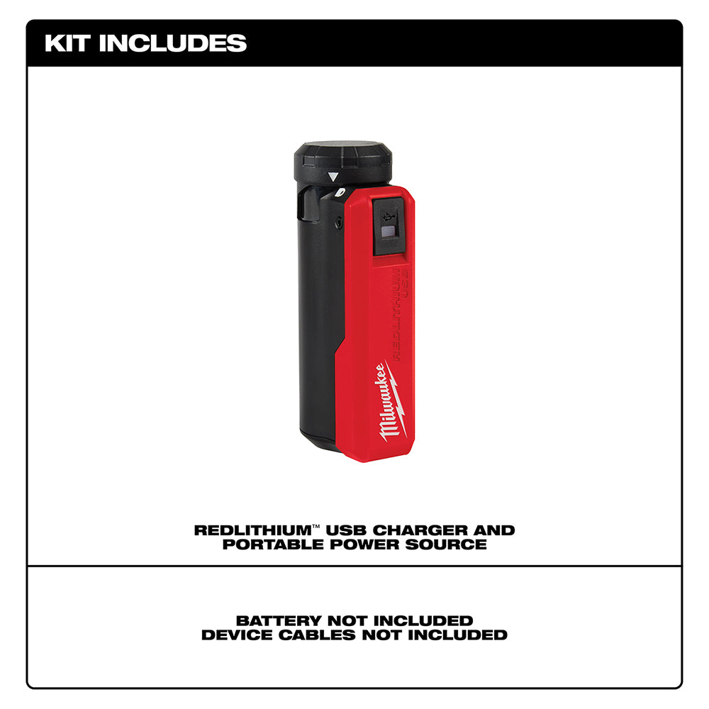 Red and black Milwaukee REDLITHIUM USB charger and portable power source with digital display.