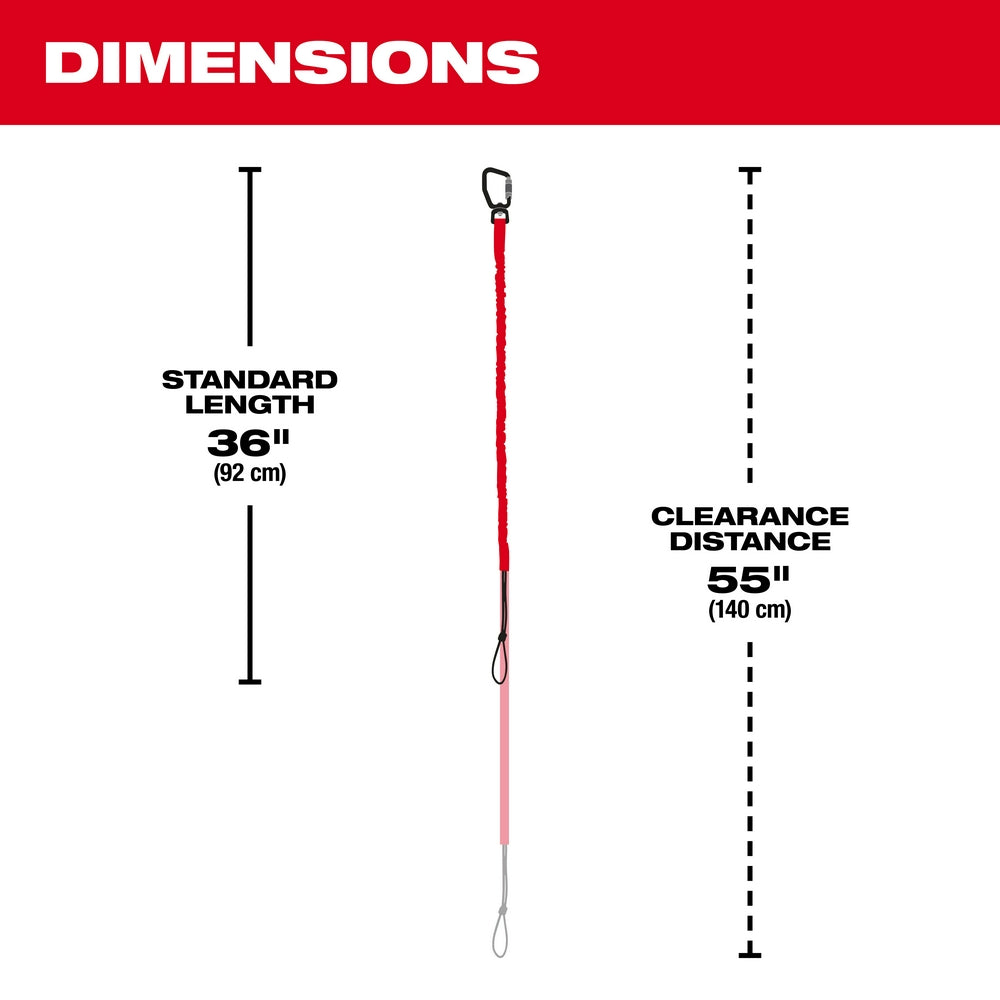 Red tool lanyard with metal carabiner and loop ends showing 36 inch standard length and 55 inch clearance distance dimensions