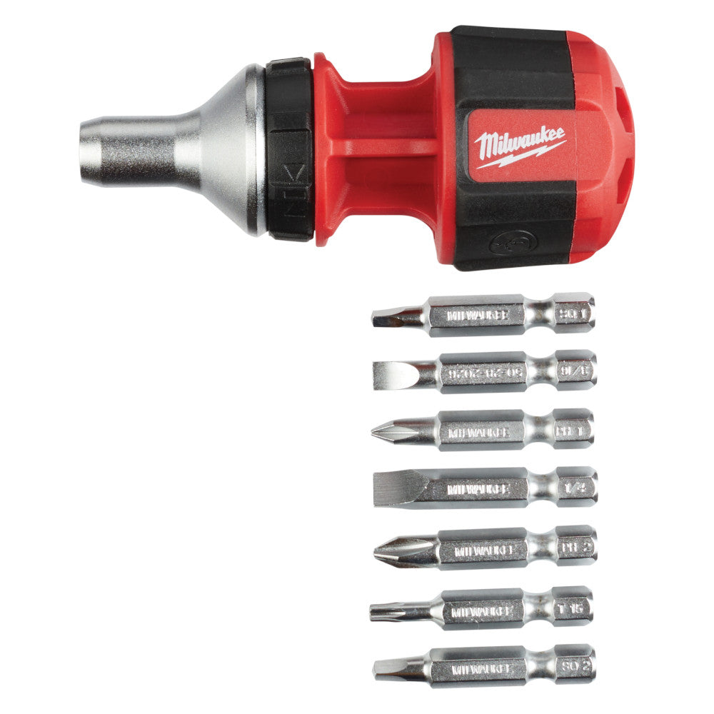 Red and black Milwaukee ratcheting driver with metal shaft and seven interchangeable bit tips displayed below.