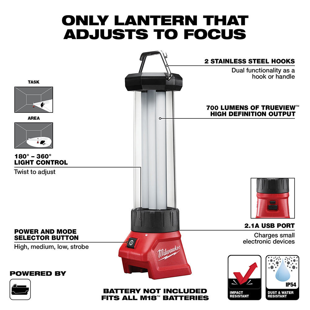 Red and black Milwaukee M18 LED lantern with cylindrical light tower, stainless steel handles, and adjustable beam focus.