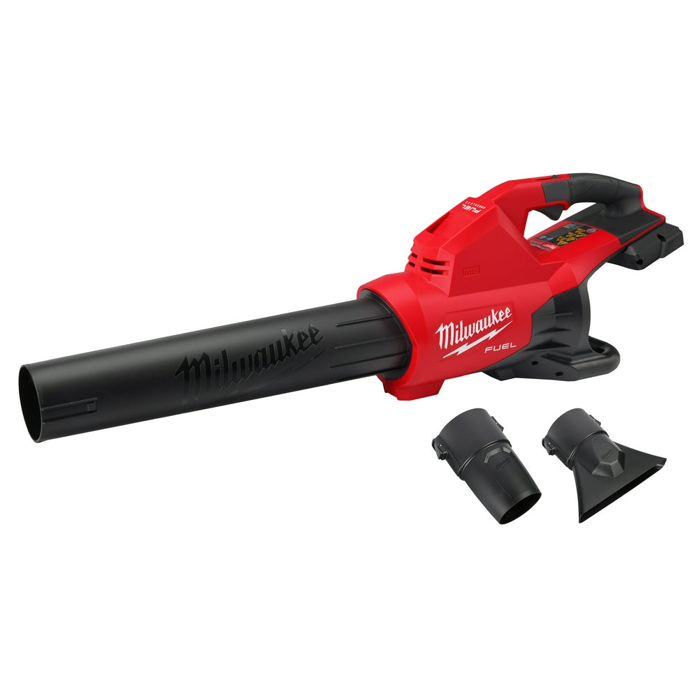 Red and black Milwaukee M18 FUEL blower with two interchangeable nozzle attachments displayed separately.