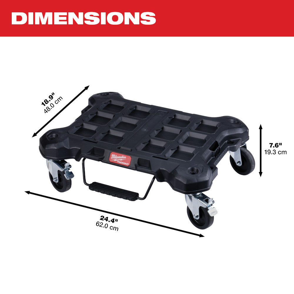 Black PACKOUT dolly with grid compartments, four casters, and handle shown with dimensions of 24.4" length, 18.9" width, and 
