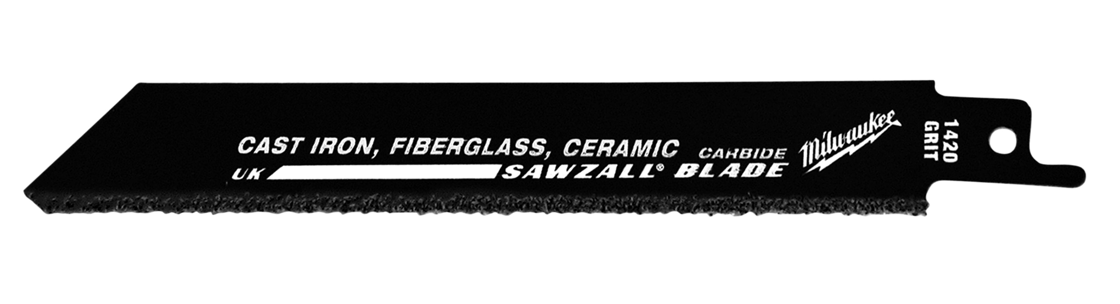 Black Milwaukee SAWZALL reciprocating saw blade with carbide grit edge and mounting hole at end.
