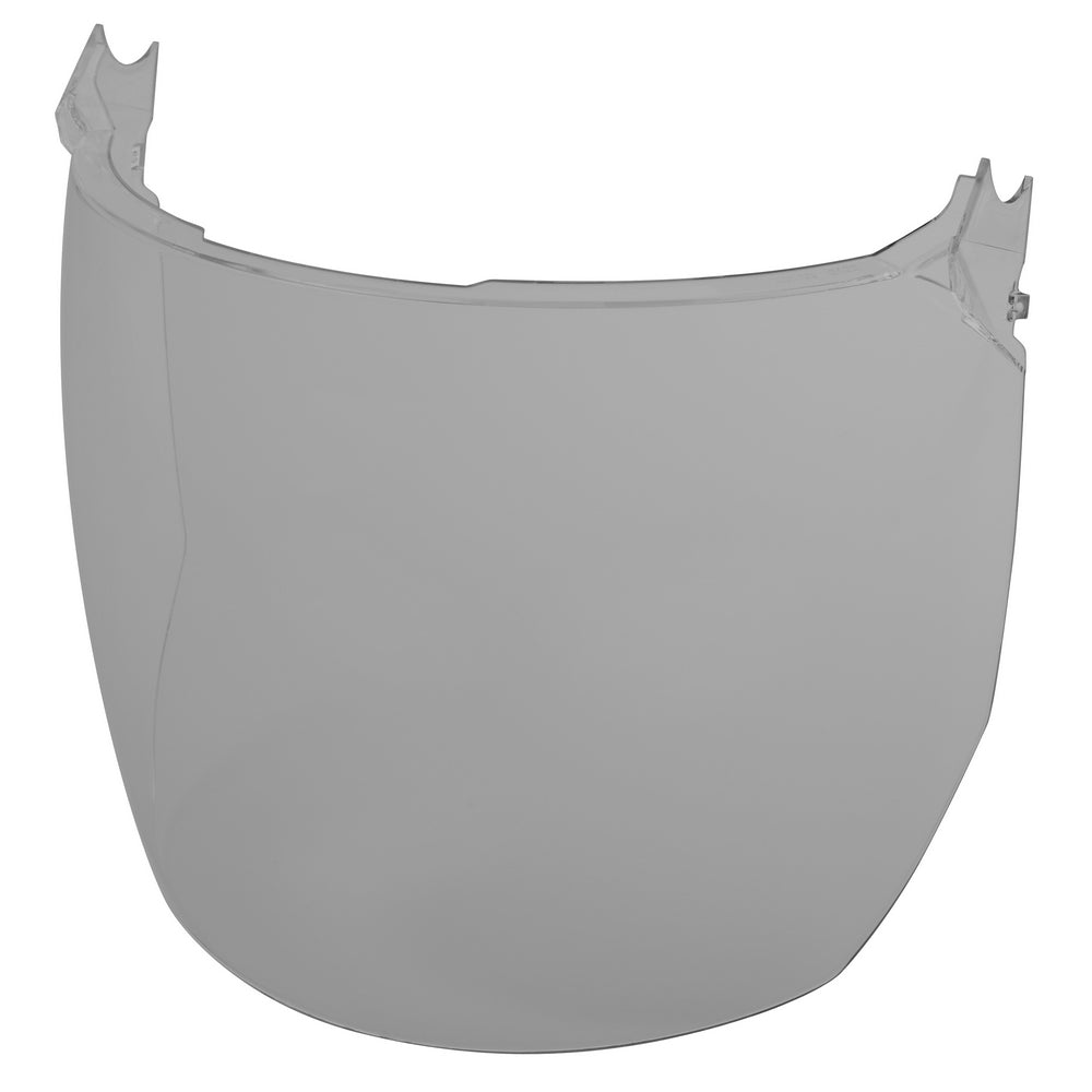 Gray curved face shield lens with mounting clips on both sides for helmet and hard hat attachment.