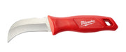 Milwaukee hawkbill fixed blade knife with red handle and curved silver blade.