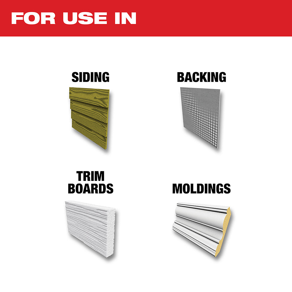7-1/4 inch circular saw blade with labeled application examples for siding, backing, trim boards, and moldings.