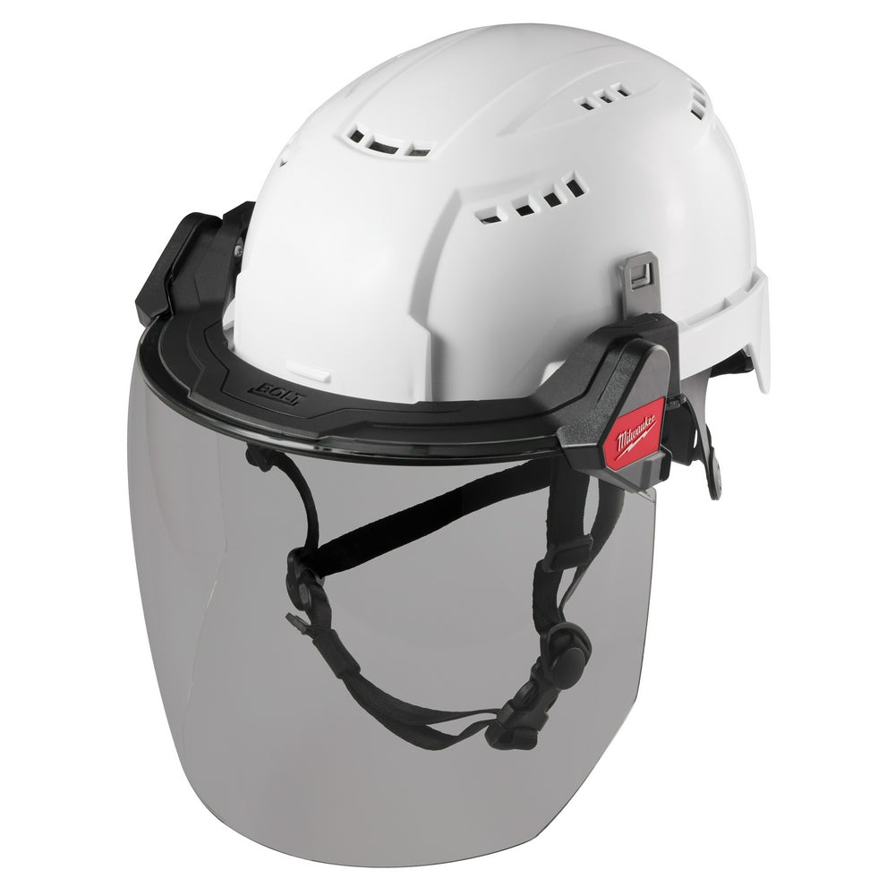 White safety helmet with gray full face shield attached and black chin strap with Milwaukee branding.