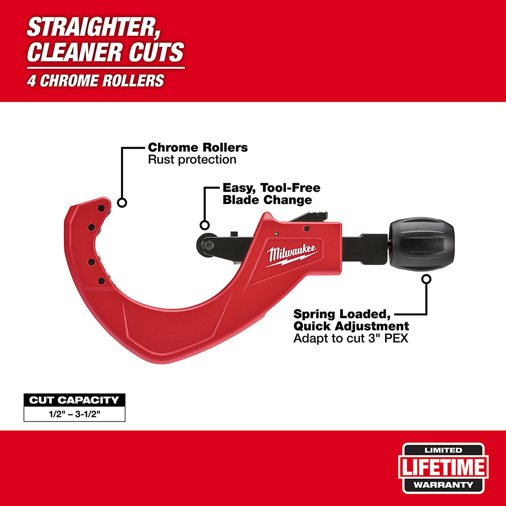 Red Milwaukee copper tubing cutter with chrome rollers, black cutting wheel, and spring-loaded quick adjustment mechanism.