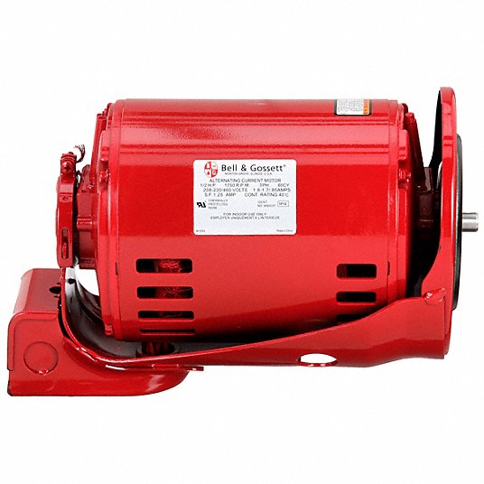 Red Bell & Gossett 1/2 HP three-phase electric motor with ventilation slots, mounting bracket, and specification label on cyl