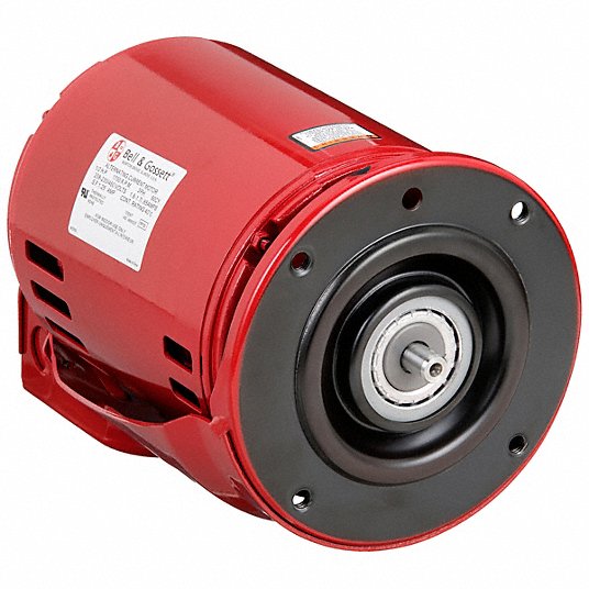 Red 1/2 HP three-phase electric motor with black flange and mounting feet, featuring nameplate label on side.