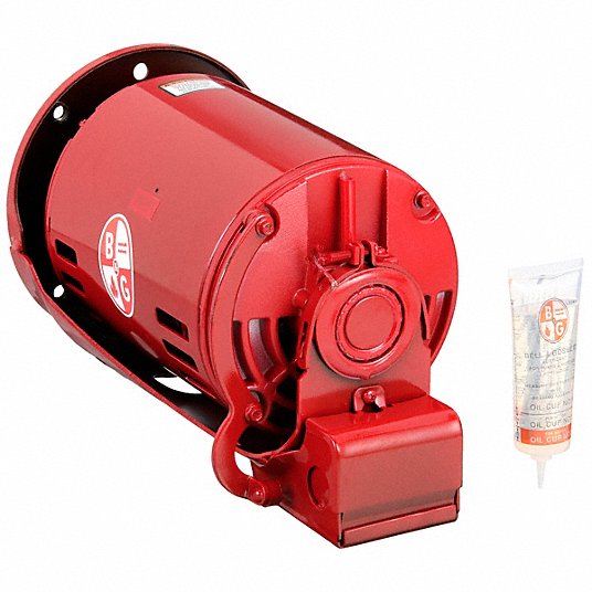 Red cylindrical 1/2 HP 3-phase electric motor with mounting base and lubrication tube shown beside it.