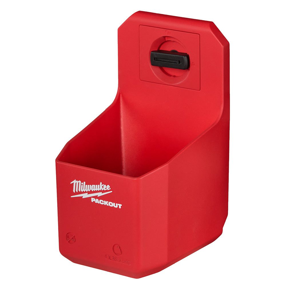 Red Milwaukee PACKOUT organizer cup with black handle and open storage compartment.