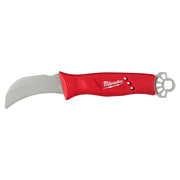 Milwaukee lineman's hawkbill knife with red handle, curved silver blade, and metal ring attachment.