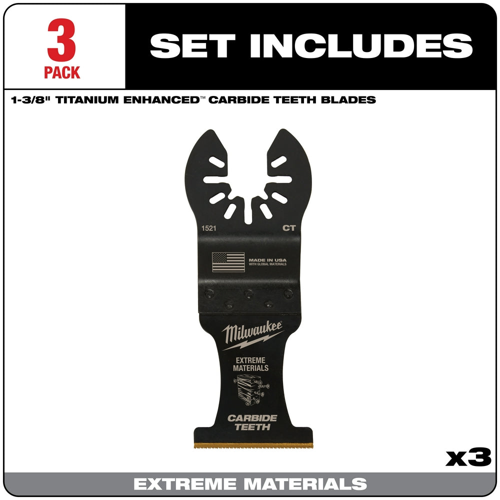 Three black Milwaukee OPEN-LOK oscillating saw blades with carbide teeth and metal attachment base.